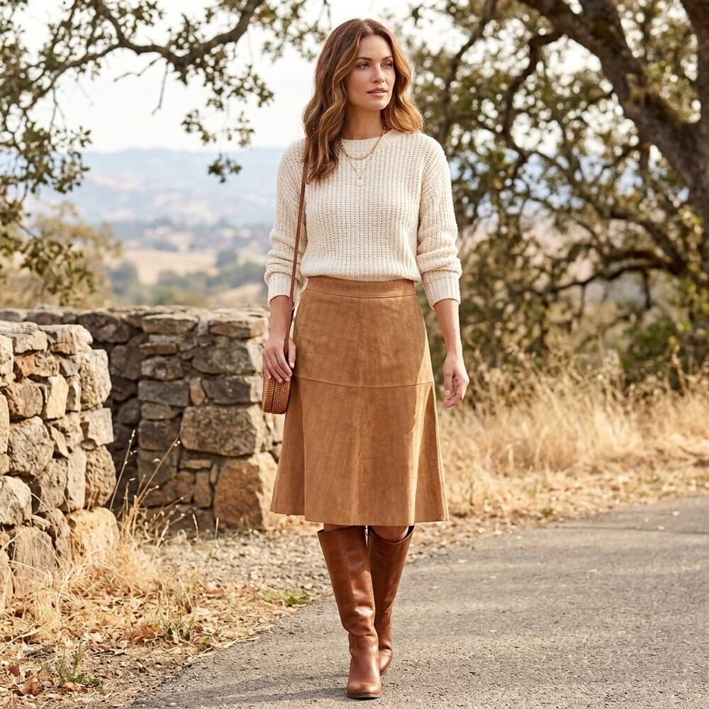 Mark Alan Suede Midi Skirt Small Tan Perforated Leather Western Boho Cowgirl